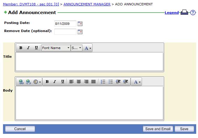 Click the MML Announcement Manager link in the MyMathLab panel on the right. 3. Click the Create Announcement button.