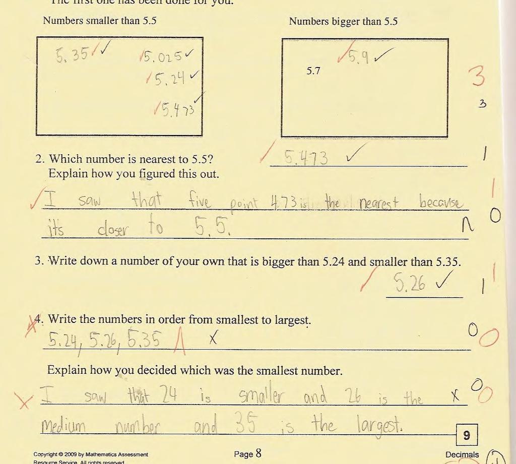 Student E is able to correctly choose the number closest to 5.5, but has no supporting logic. Its closest because it closest.