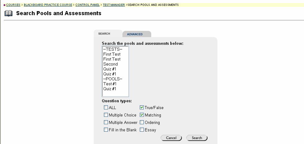 the pools.) 8. Select Question Types by clicking on the check box. 9. Click Search. 10.