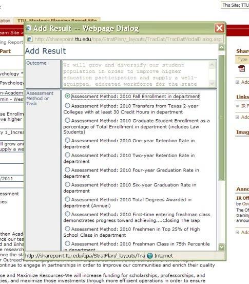 The sample assessment method for this outcome is 2011 Fall Enrollment in department. Scroll down within the Add Result dialog box to complete the remaining fields. 5.