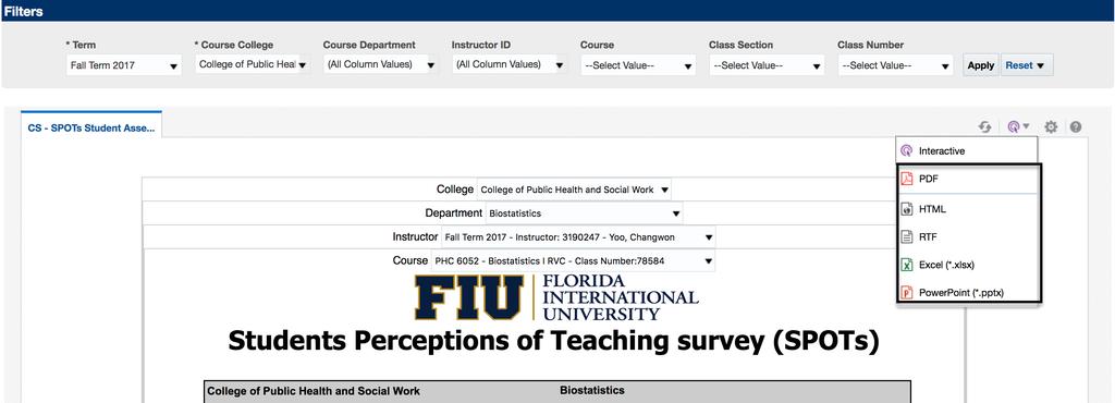 The term filter s default to the latest term in which your college has SPOTs results. Notice the first view for the report shows you the items pre-selected by the filter.