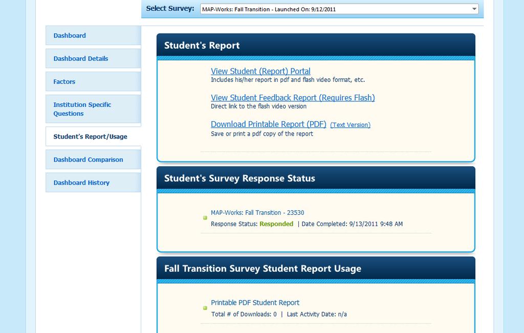 5. Click the Student s Report/Usage link to view the