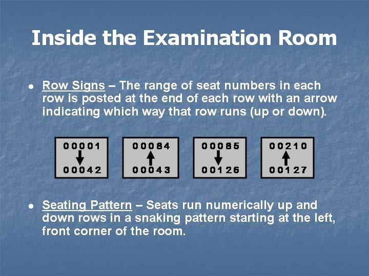 Inside the examination room, there are row signs posted that list the range of seat numbers for each row.
