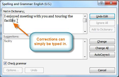 Typing a correction Ignoring "Errors" The spelling and grammar check is not always correct. Particularly with grammar, there are many errors that Word will not notice.