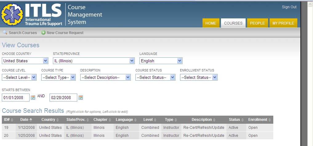 2. The system displays the View Courses screen listing al
