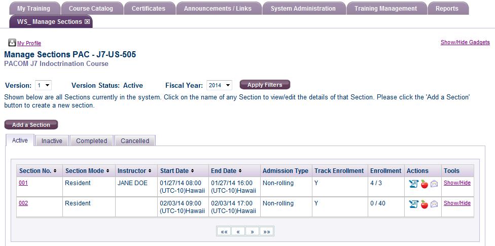 3. In the WS_Manage Sections Tab, the Enrollment column now reflects the fourth person enrolled.