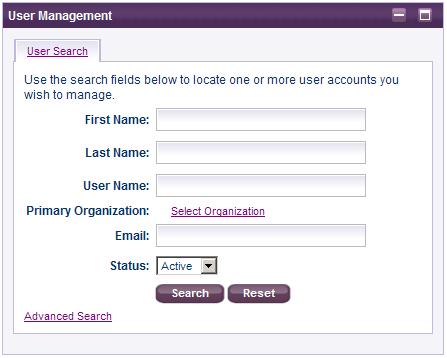 6.1 User Management Gadget The User Management Gadget is accessible on the System Administration Tab and provides the ability to search for and manage user accounts.