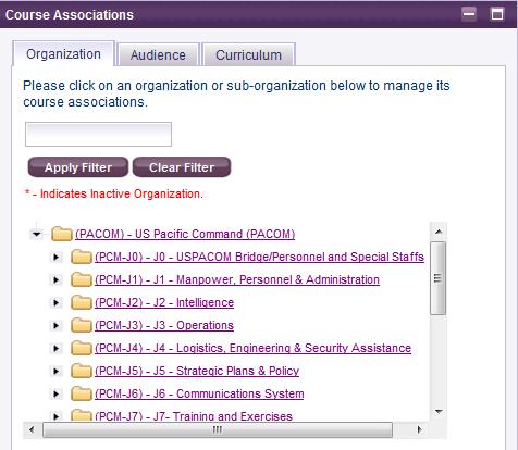 The Course Association gadget has three tabs: Organization tab. Use this tab to associate courses to Primary and/or Secondary Organizations. Audience tab.