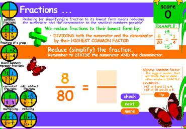 Rainforest Maths Level G Fractions Reducing fractions explains how to look for common factors when simplifying fractions.