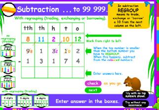 Rainforest Maths Level G Subtraction to 99 999 Pupils practise subtraction, working