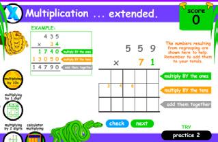 Gives examples for students to work through multiplying by 1 digit and then 2 digits.