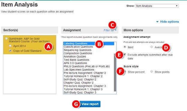 Section 8: Reports Running and Exporting Connect Reports - Continued Creating Item Analysis Reports The Item Analysis report provides statistics on each question within a single assignment. A. Select the Performance tab.