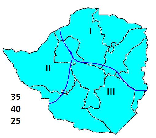 Region 1 Harare, much of Mashonaland East, Mashonaland West, Mashonaland Central, northeastern parts of Midlands, parts Manicaland Normal to above normal rainfall expected.