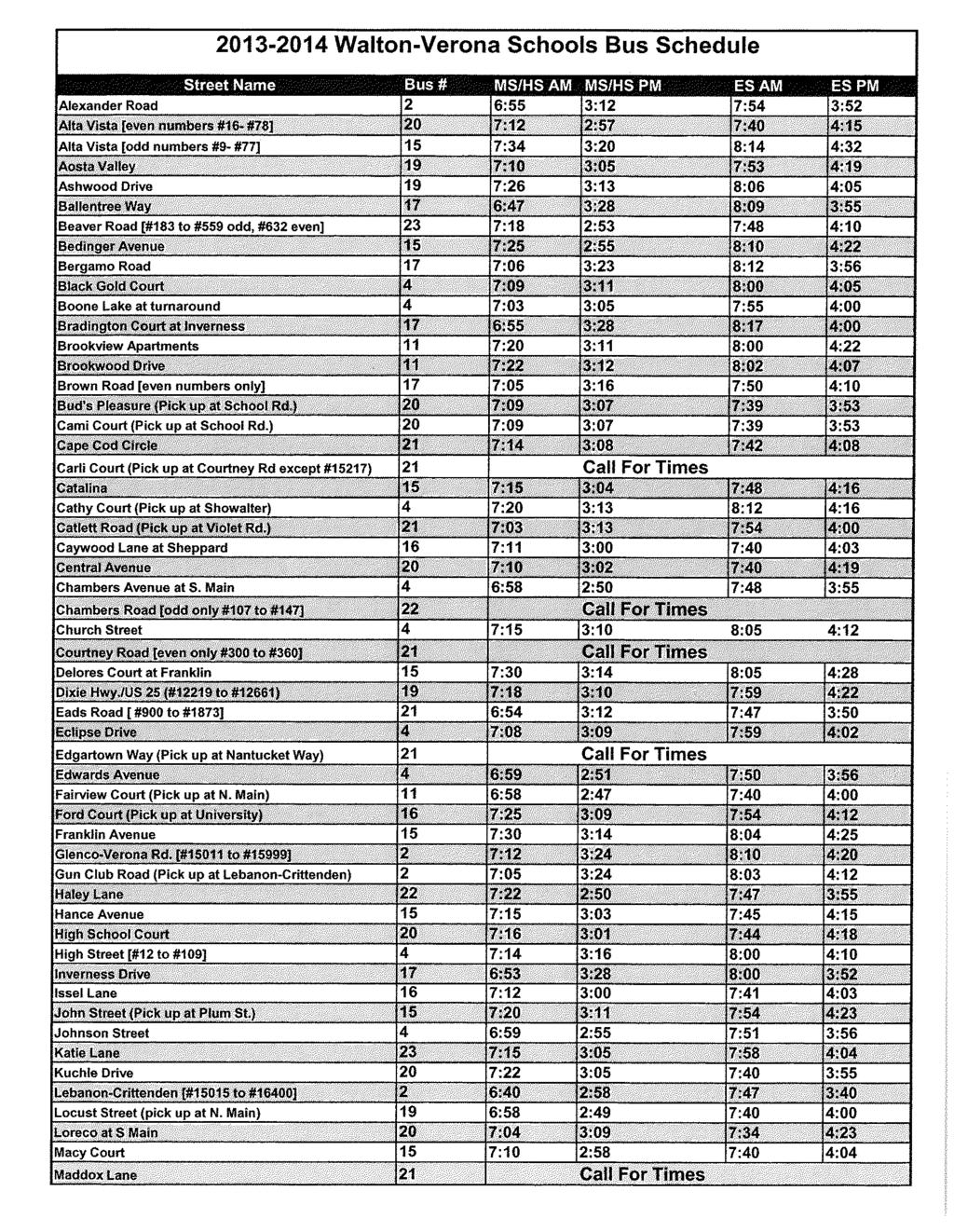 Page 10 The Walton-Verona Mirror Bus Schedule The following information is important to your child s daily transportation. Please be sure to review this with your child. Welcome back to school!