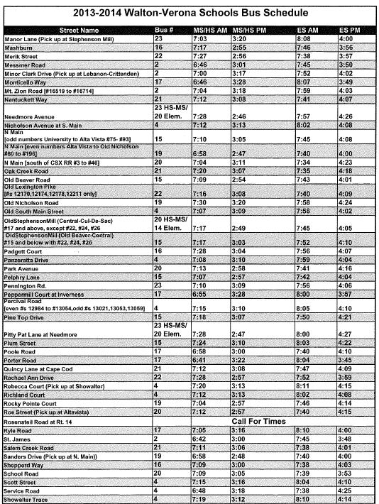 Page 11 The Walton-Verona Mirror Bus Schedule 2013-2014 school food service information You probably already know that each of our two cafeterias (Walton-Verona Elementary School and Walton-Verona