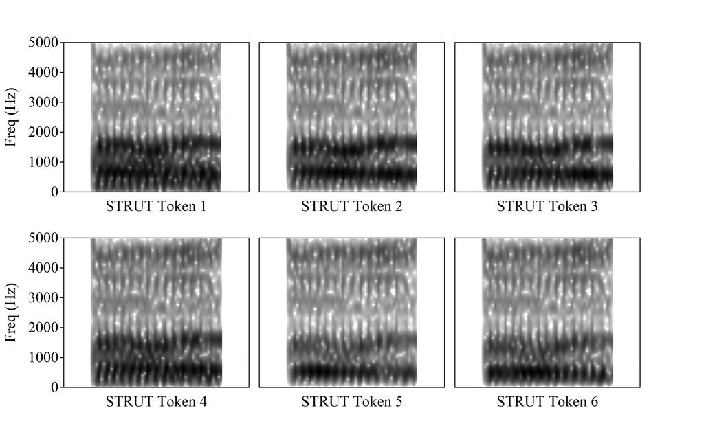 Figure 1: Spectrograms of the resynthesized STRUT continuum. Figure 2: Spectrograms of the resynthesized BATH continuum. the stimuli sentences in written form, with the target word underlined.
