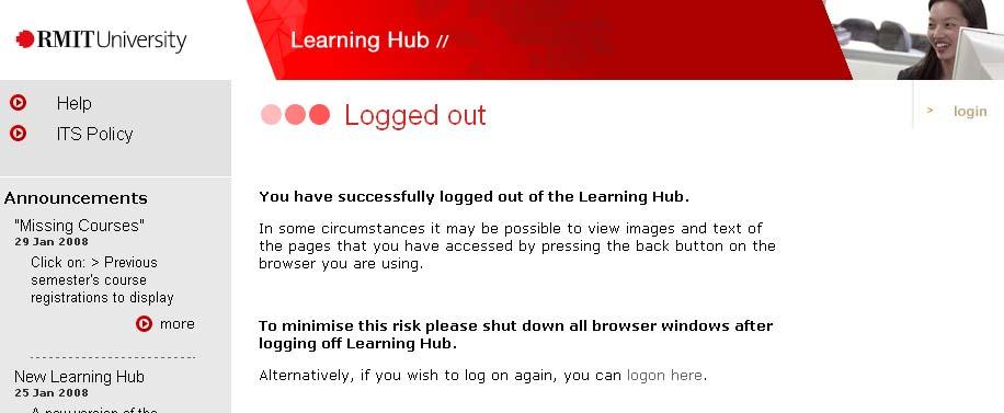 Figure 9: Logout option. 3 The Logged out screen is displayed.