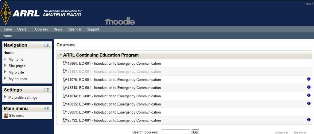 On the Moodle platform you will see a page with a list of open course sessions.