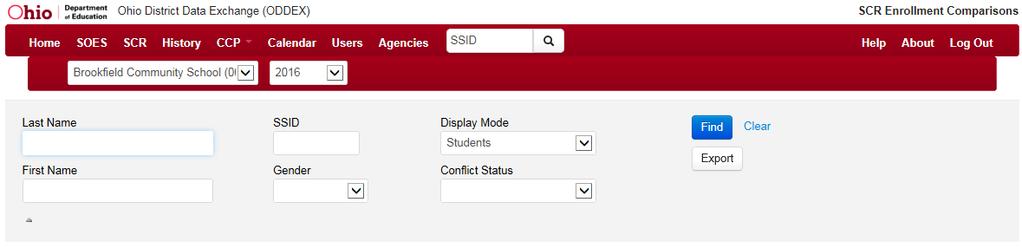 SCR Student Summary Find Options Find by Conflict Status dropdown options Blank-all records, New No Issues, New With Issues, Open