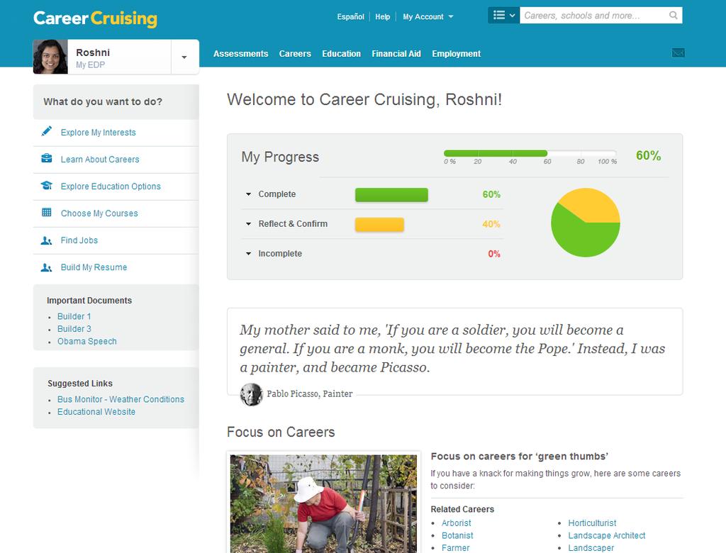 Career Cruising Features 6 OVERVIEW Career Cruising has six main sections: Explore Assessments, Explore Careers, Explore Education, Explore Financial Aid, Employment, and the My EDP tool.