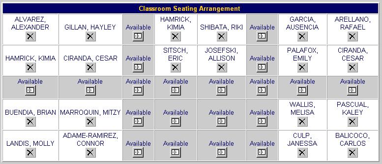 This is an example of a finished seating chart. Notice how aisles are created by leaving available seats unassigned.