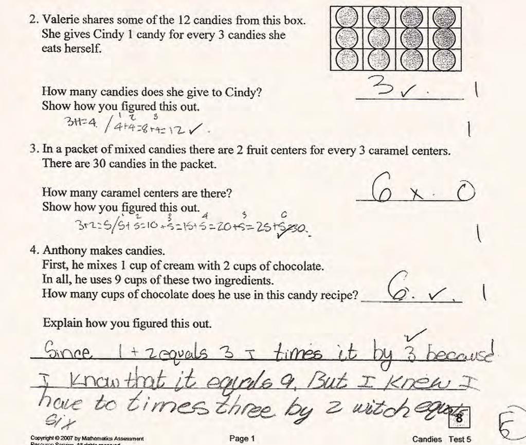 Students had difficulty understanding what to do with the scale factor. Student F is able to think about the part/part/whole relationship in 2 and 3 (3+1 makes a group of 4, 3+2 makes a group of 5).