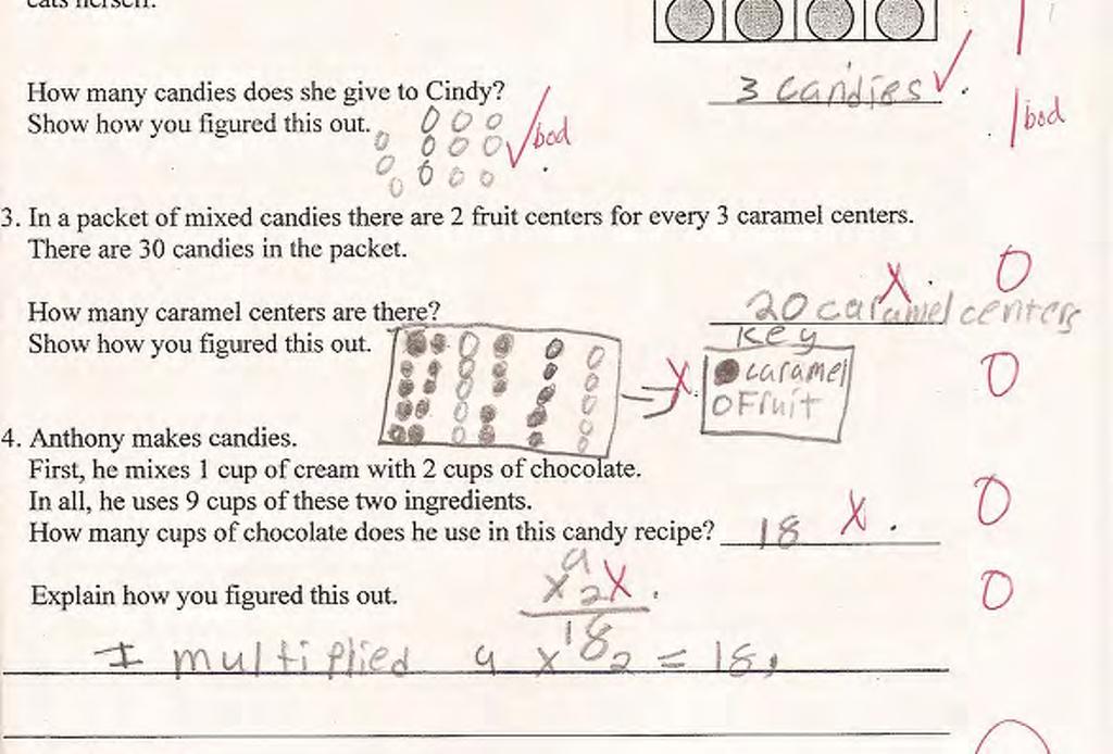 Student K is able to draw models to make sense of the ratio in part 2. However in part three the student mistakes the two fruit centers for every 3 caramels as 2 out of every three.