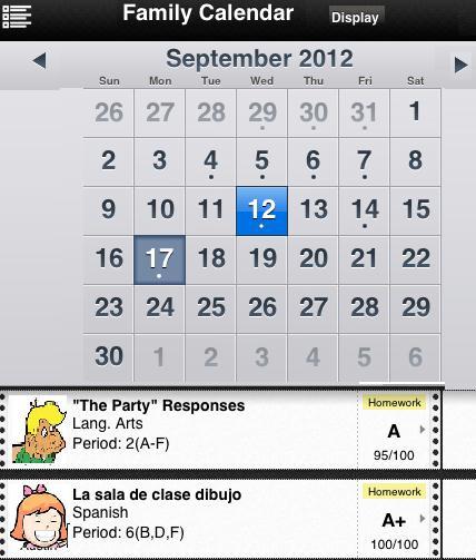 Family Calendar Tapping Family Calendar will open the Family Calendar, a calendar displaying all your students class information. Use the arrows to navigate to a different month.