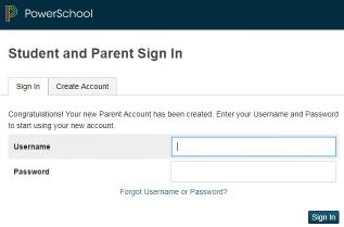 When your account is successfully created you will see this page. se the user name and password you entered in the previous step to login to the parent portal.