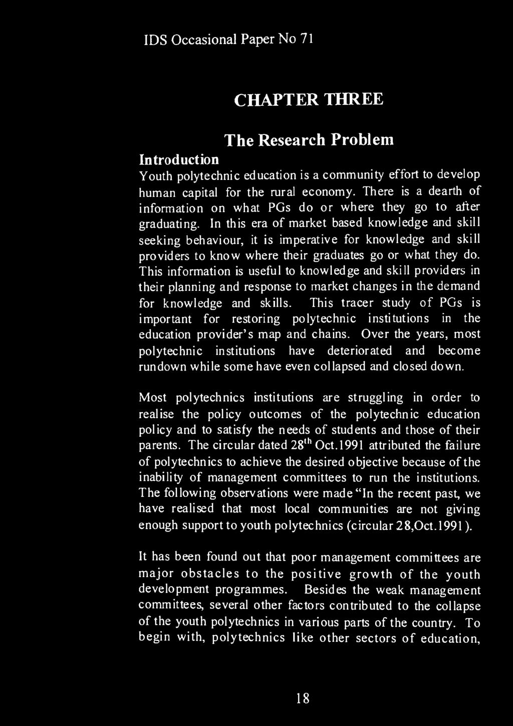 CHAPTER THREE The Research Problem Introduction Youth polytechnic education is a community effort to develop human capital for the rural economy.