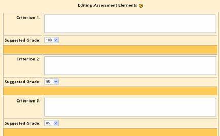 When you click on a Criterion workgroup for the first time, you will see a screen like Fig. 36. In each element section, write the statement you want and assign a suggested Fig.