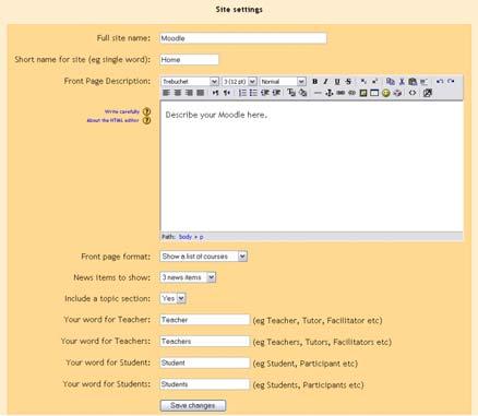 Installing Moodle The next page is a form (Fig. 88) where you can define parameters for your Moodle site and the front page, such as the name, format, description and so on.