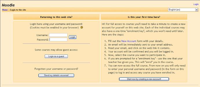 Getting Started Creating a New User Account Before you can do anything in Moodle you must create a New Account. By default this is done via e-mail confirmation.
