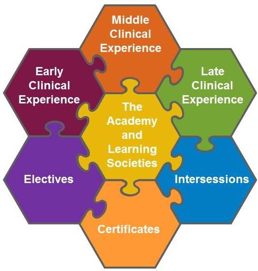 The Academy Students and educators are organized in the curriculum through the creation of four learning societies spanning the geographic campuses and medical student years in the curriculum.