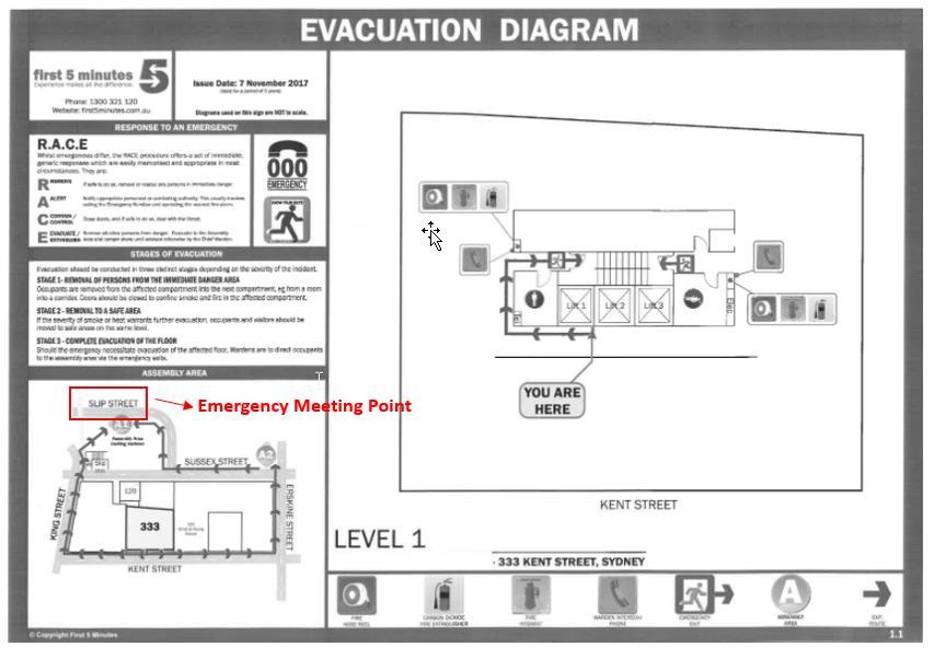 Evacuation: In Case of Emergency (Kent Street Campus) Familiarise yourself with Emergency Plan in each room and location: Alarm will go off and voice will urge all to leave the building immediately