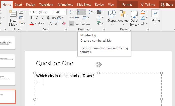 ESSENTIAL MICROSOFT OFFICE 2016: Tutorials for Teachers Before typing the first of the answers on each slide, click on the numbering icon in the toolbar (Fig. 10.