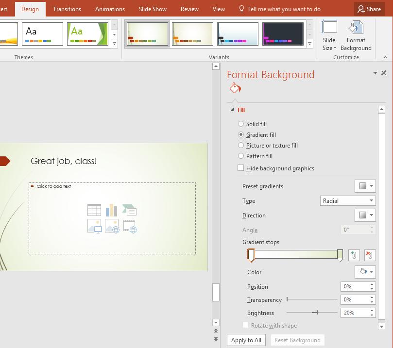 Lesson 10: PowerPoint Presentations Beyond the Basics Click on the X to exit the Format Background frame 0.