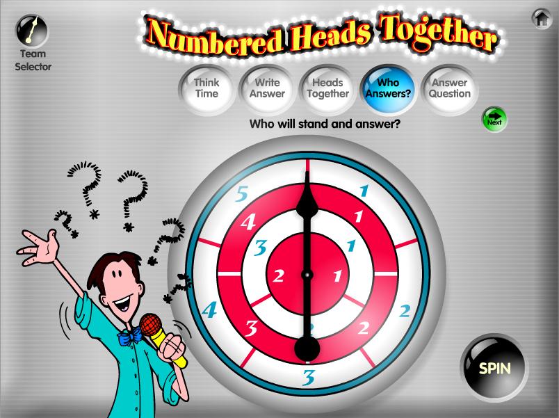 19 3. On the Who Answers? step, a Student Selector spinner appears. Click the Spin button to spin the selector and select a student on each team to stand.