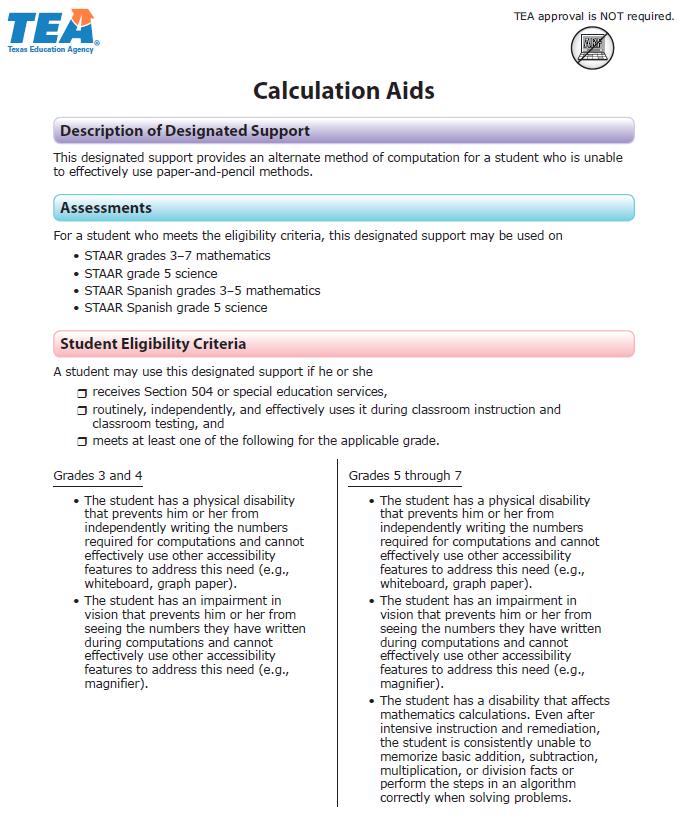 16 Calculation Aids Calculators used by eligible students as a designated support must adhere to the guidelines set forth