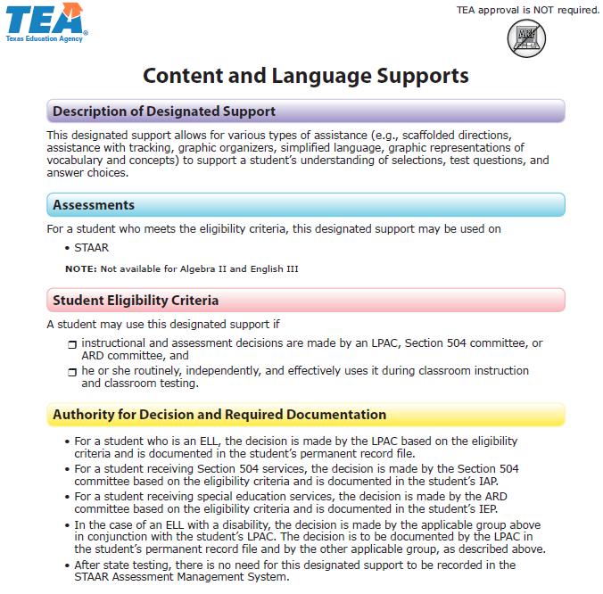 17 Content and Language Supports Content and language supports have been combined in to one embedded support LPACs may not