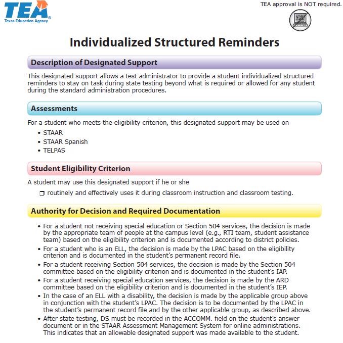 19 Individualized Structured Reminders Paperclips or adhesive notes used to divide the test into sections More-frequent or less-frequent reminders of time left to test than required in the