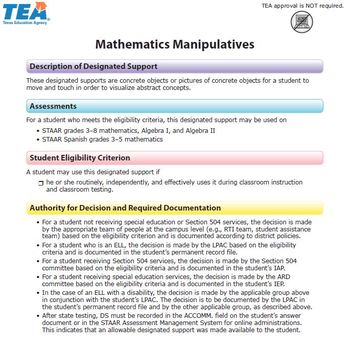 22 Mathematics Manipulatives New for 2018: For a student not receiving special education or Section 504 services, the decision is made by the appropriate