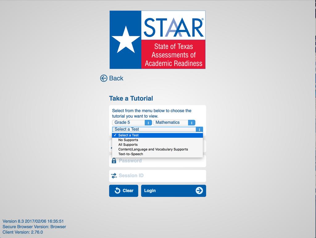 66 STAAR Online Tutorials Once you select Tutorials, you will be taken to a screen with several