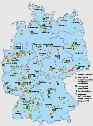 Higher Education in Germany 365 institutions of higher education (03/04) 100 universities & comprehensive universities (21 technical universities) 6 colleges of education 16 colleges of theology 52