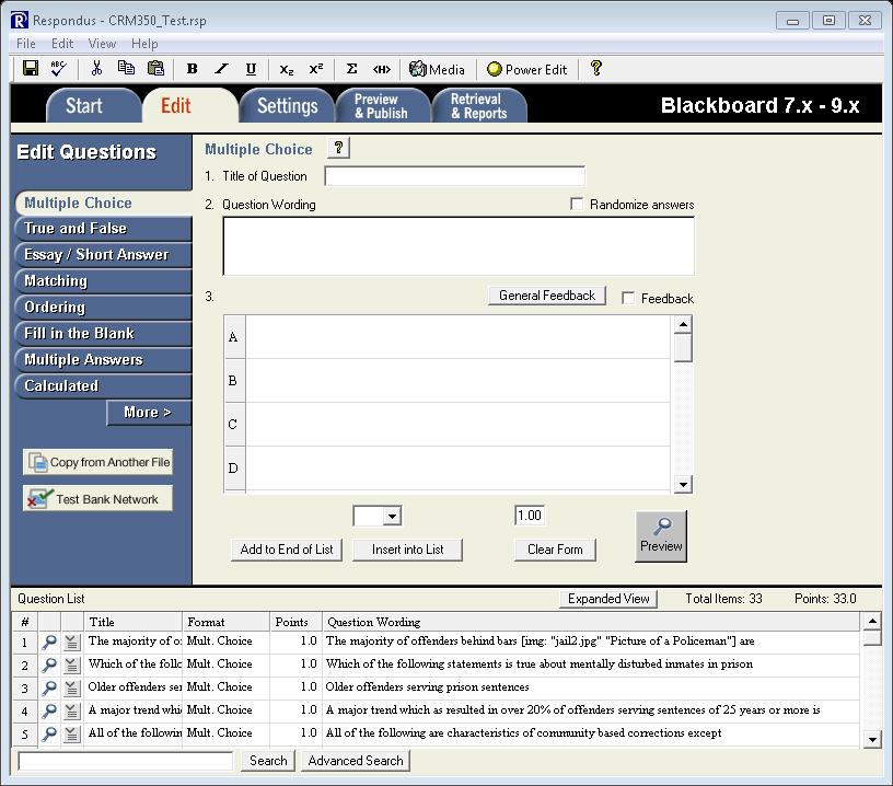 8. You are now in the Respondus software. Click on the tab Edit to view the downloaded exam questions.