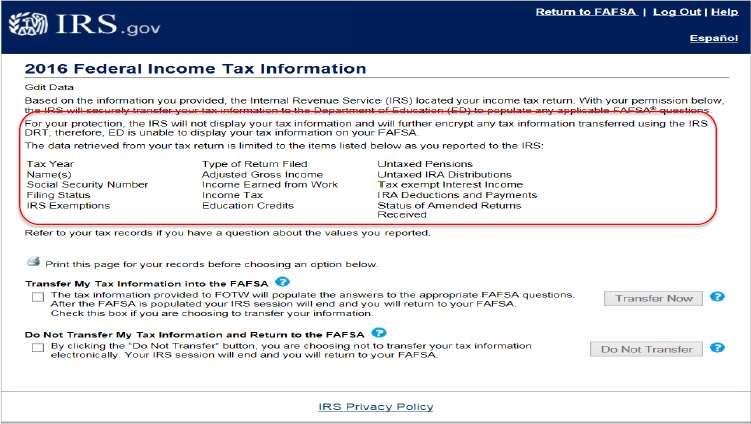 IRS DRT Process Tax Information Transfer Message List of tax return information that will be