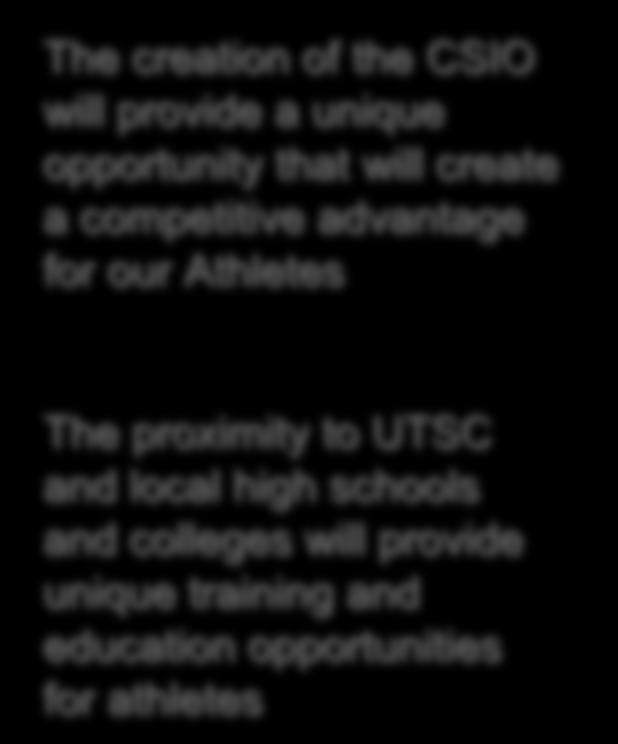 High Performance Sport The creation of the CSIO will provide a unique opportunity that will create a competitive advantage for our Athletes The proximity to UTSC and local high schools and colleges