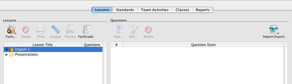 The Lessons section opens with your database name in the title bar and left window of that section.