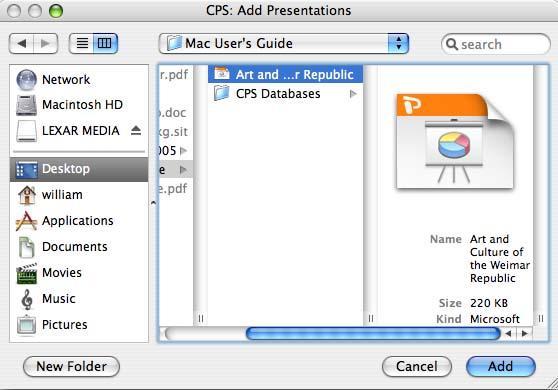 If your presentation is saved as a *.ppt file, you will need to Save As a *.pps file. 6. Click the Add button. Your presentation will be accessible from the Presentations folder.