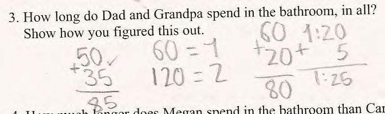 Another student did this work. Can you figure out what the student was thinking? What do the two 120 s represent? What error has the student made? Now it is time to tackle the idea of elapsed time.
